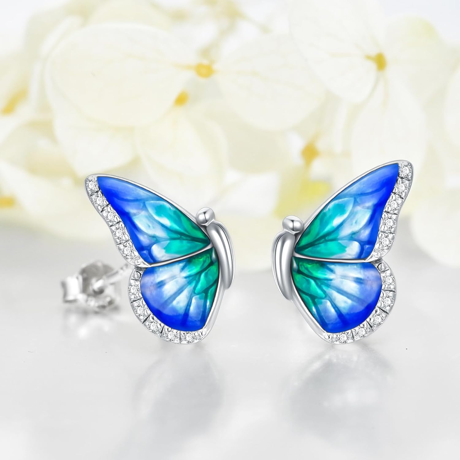 Diamond Butterfly Earrings Studs 925 Sterling Silver Lab Grown Diamond Enamel Blue Butterfly Earrings Jewelry Gifts for Women, D Color VVS Clarity