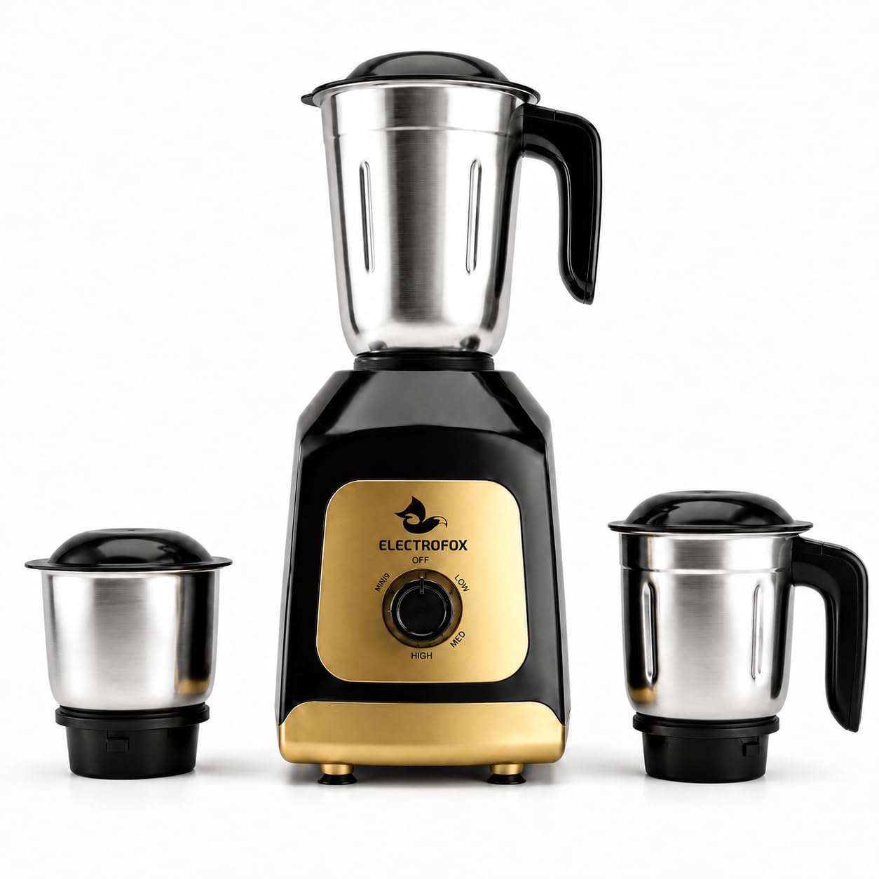 Electrofox PowerMax Mixer Grinder 750 watt with 3 Stainless Steel Jars | Heavy Duty Motor | Mixer Grinder for Kitchen with 3 Speed Control & Pulse Function 4 Years Warranty (Black & Golden)