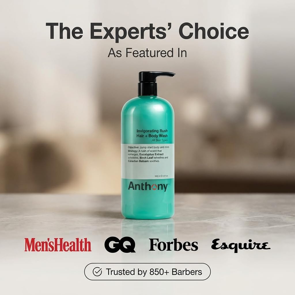 Anthony Mens Body Wash and Shampoo: Invigorating Rush 2-In-1 Liquid Gel Soap & Hair Shampoo, Pine Wood Scent, Hydrating with Eucalyptus, Canadian Balsam, Birch Leaf, Charcoal, Sea Kelp, 32 Fl. Oz - Image 6