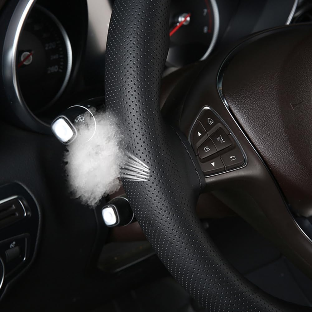 Cowhide Leather Car Steering Wheel Cover Big Trucks Big Buses, 17 1/4-18 Inch Universal Stitch On Wrap, DIY with Needle & Thread (Black Perforate, XXL)