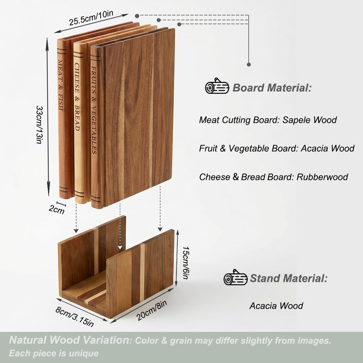 Lot de 3 Planches à Découper en Bois Massif Design Livre, Sapele, Acacia & Hévéa – 33x25.5cm Extra Épaisses avec Icônes Alimentaires, Inclus Support, Idéal pour Viande, Légumes, Fromage & Pain