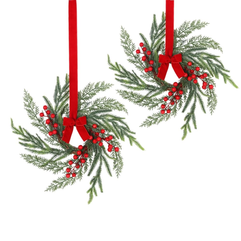 Ccuuhj Red 2 Pack Christmas Cabinets Wreaths For Kitchen Mini Cedar Pine Wreaths With Ribbon Artificial Greenery Hanging Garlands With Berries For Xmas Farmhouse Front Door Window Chair Decoration (Red)