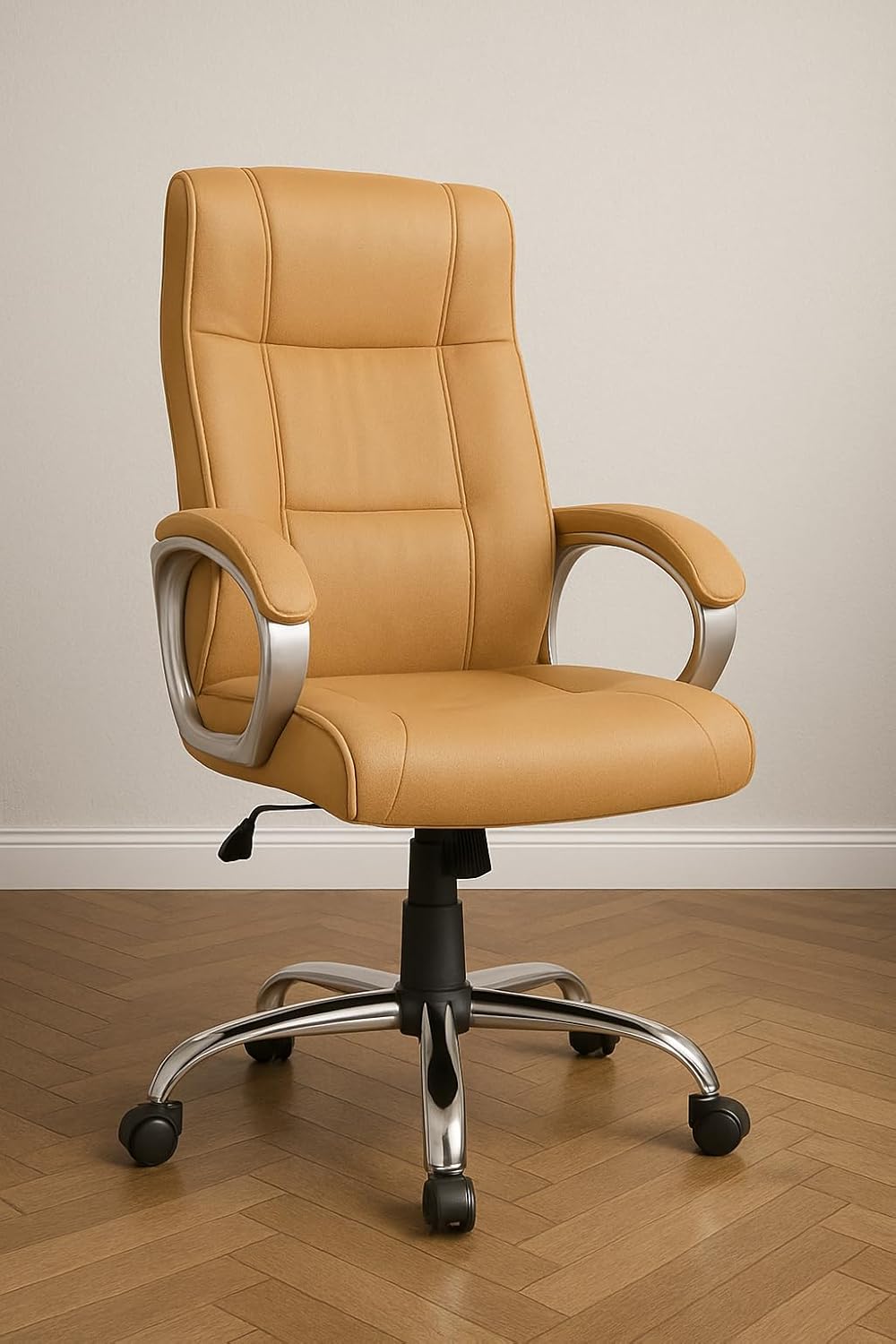 PESTIGE Premium Leatherette Executive Chair | High Back Ergonomic Work from Home Office Chair with Height Adjustment, 360° Swivel and 135° Tilt | Chrome Base,1pc (Khaki)