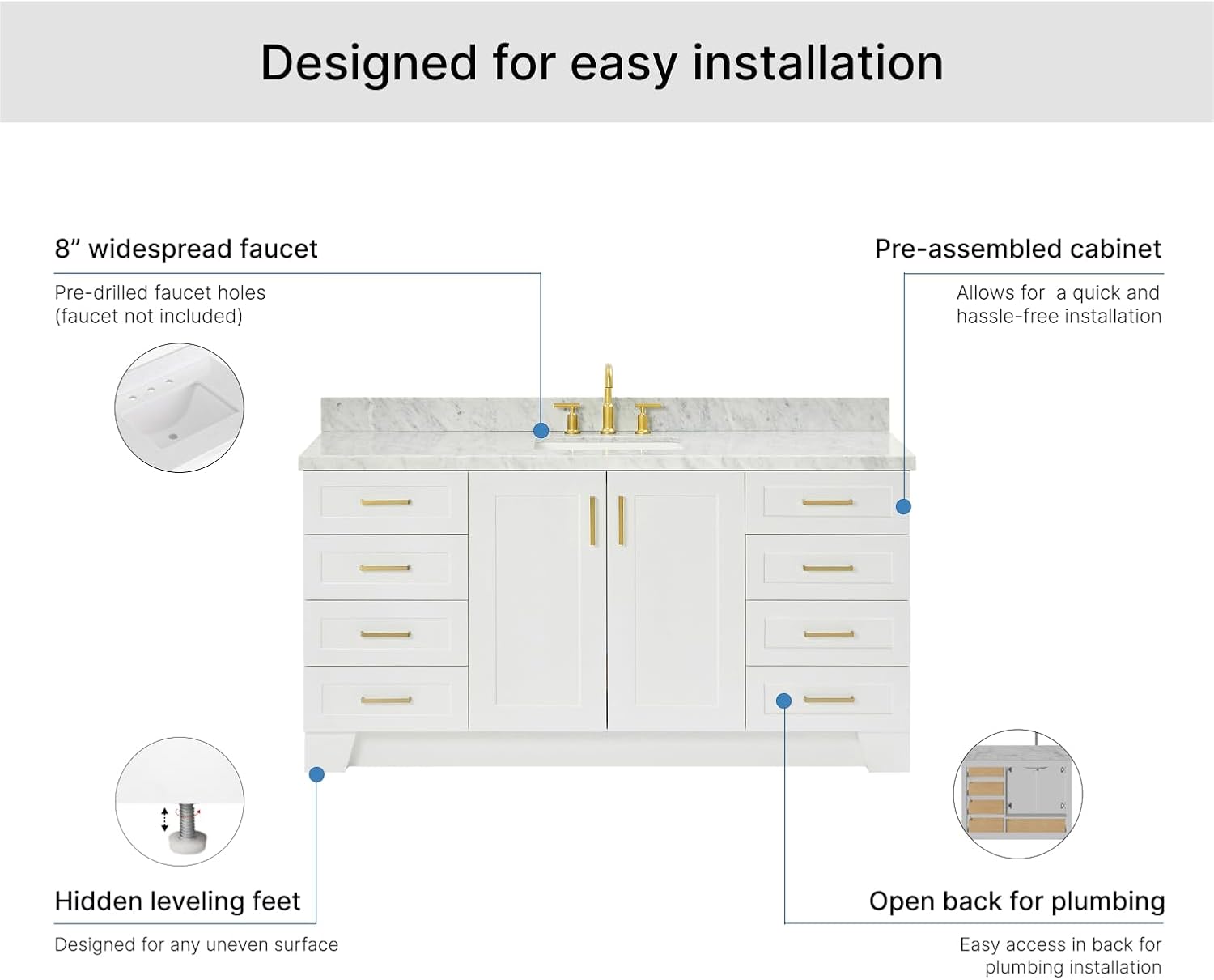 ARIEL Taylor 66-inch Bathroom Vanity with Sink,Solid Wood, 1.5-inch Italian Carrara Marble Countertop, Single Rectangular Porcelain Sink, 2 Soft Closing Doors, 9 Dovetail Drawers, White