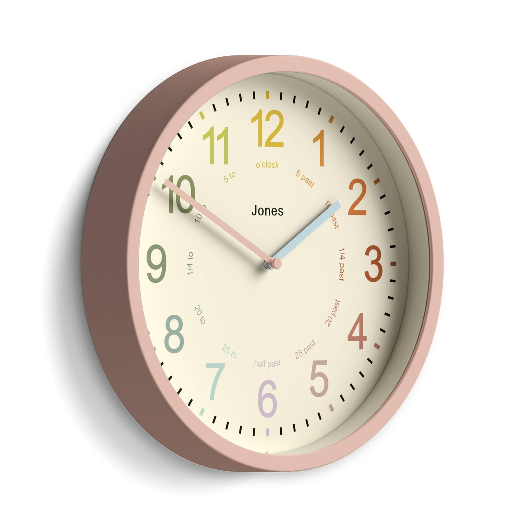 Jones Clocks Rose Pink Jones Clocks® Kids Wall Clock | Small Modern Children’s Nursery Clock | 25Cm | Pink | Colourful Dial For Learning To Tell The Time