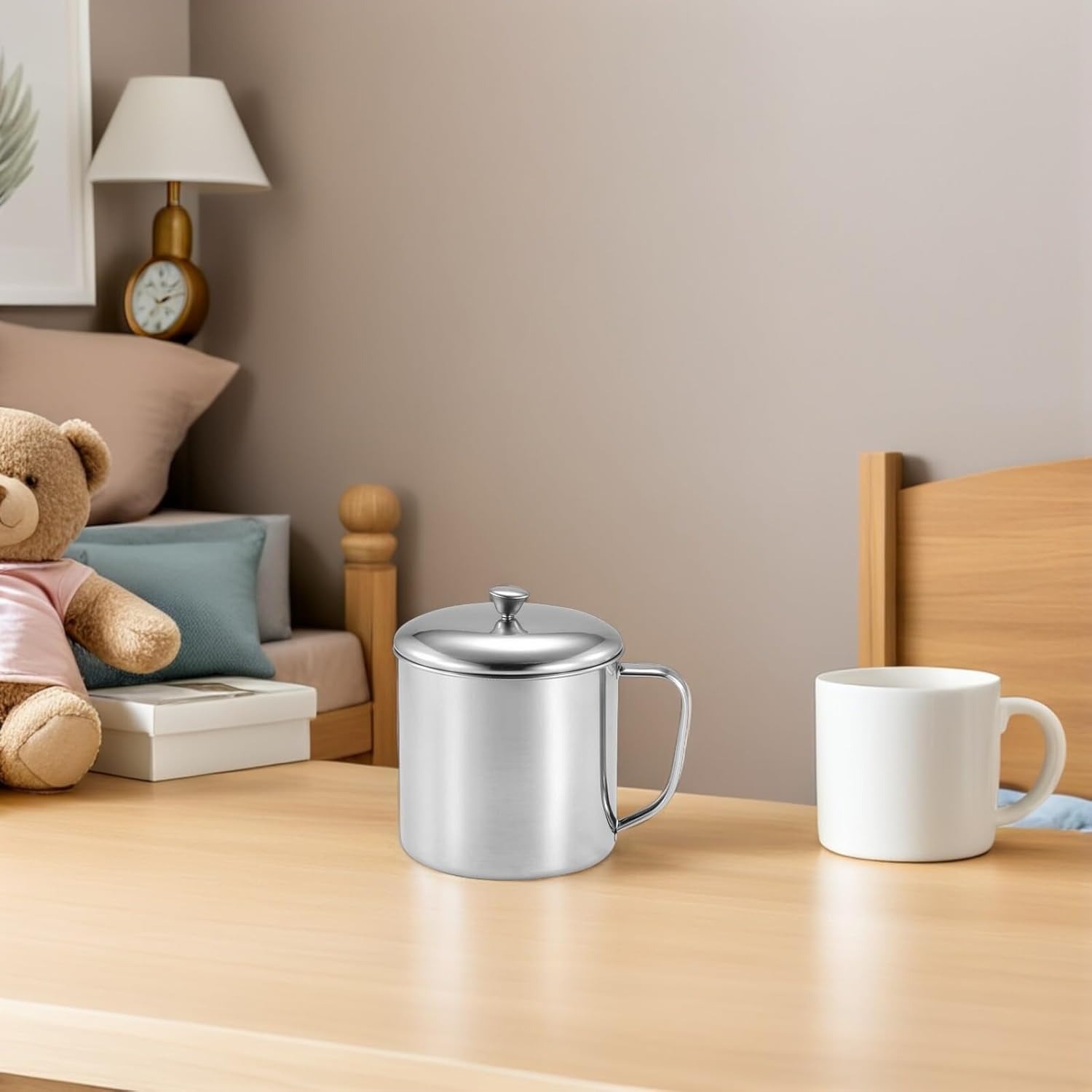 Amosfun Stainless Steel Water Cup with Lid and Handle 4.33X3.14 Inch Metal Milk Mug for Coffee Tea Home Office Travel - Image 5