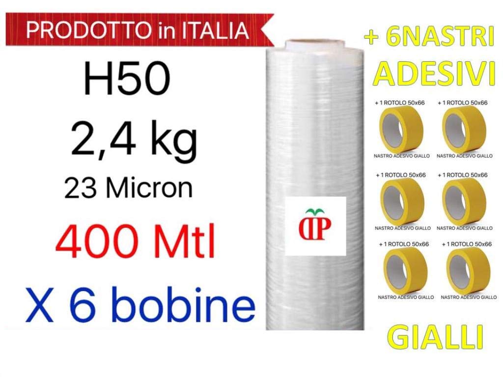 6 BOBINE Pellicola Film in Polietilene per Imballo Imballaggi H 50 cm in Rotolo da 400 mtl spessore 23 micron peso 2,4 kg + 6 ROTOLI NASTRO ADESIVO 50x66 GIALLO PPL SILENZIOSO