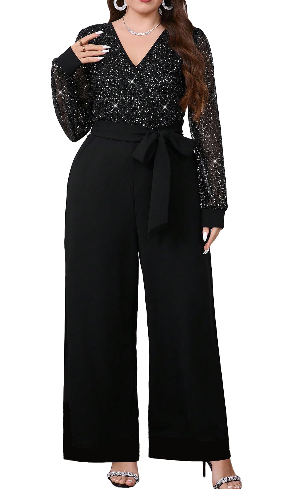 red dot boutique 710 - Plus Size Long Sleeves Sequin Top Solid Wide Legs Long Jumpsuit With Pockets-picture-43