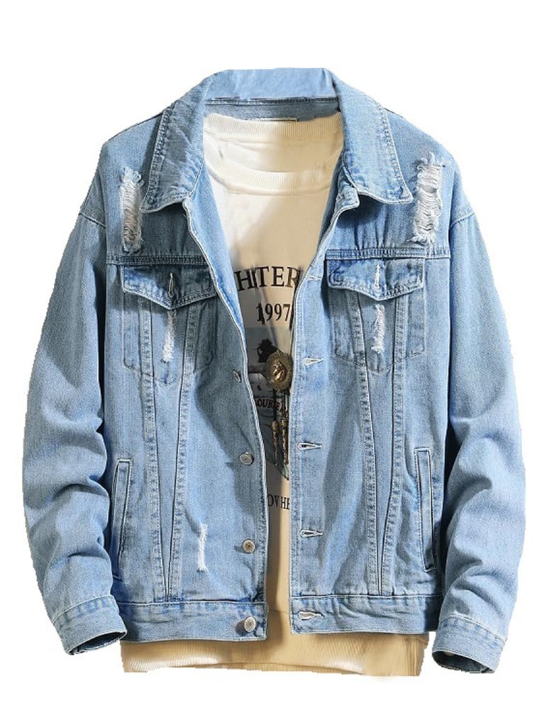 DSDZ Mens Classic Ripped Motorcycle Denim Jacket With Hole