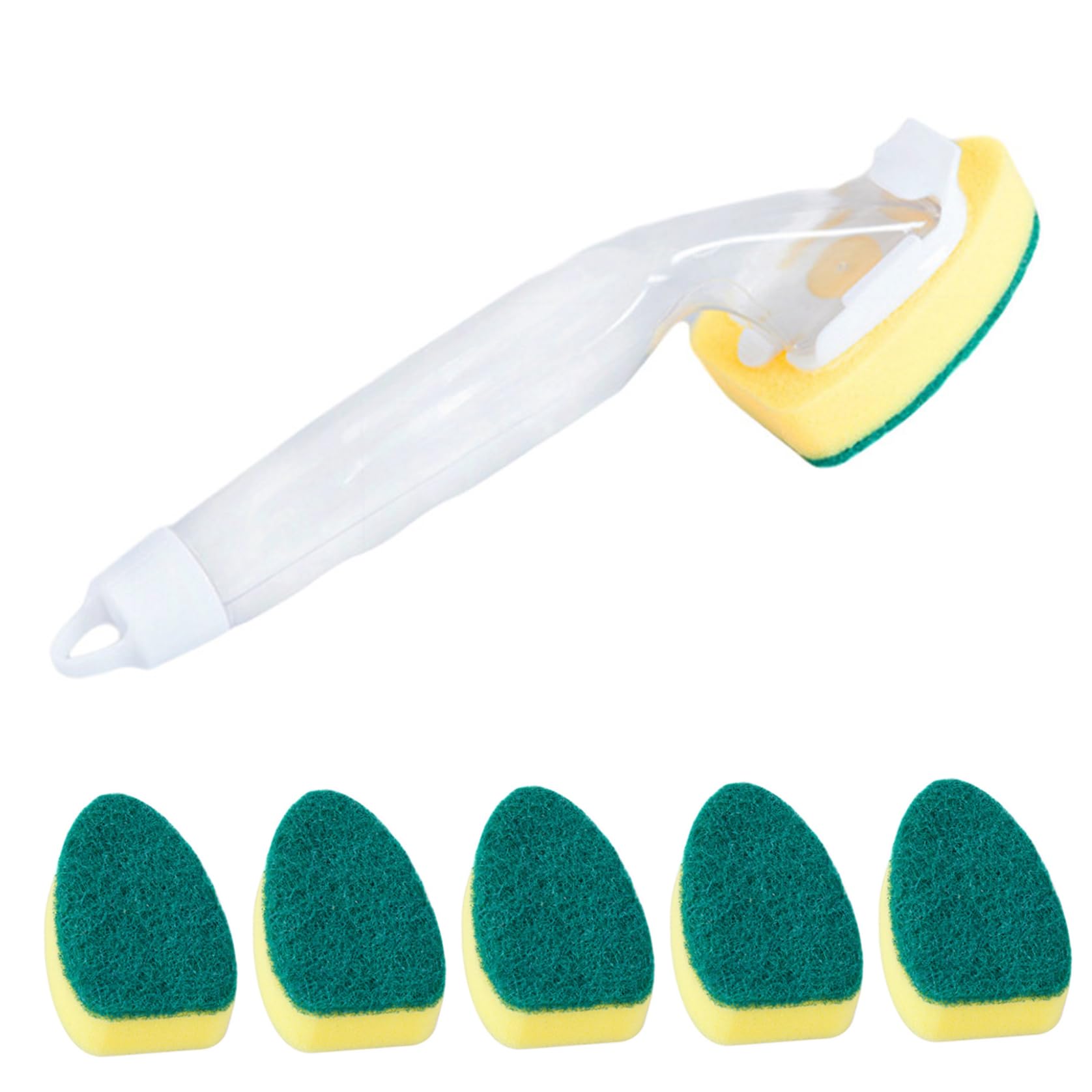 Gemuseeee Automatic Dispensing Dish Soap Wand Refillable Handle Dish Sponge Wand with 6 Sponge Heads for Easy Dishwashing