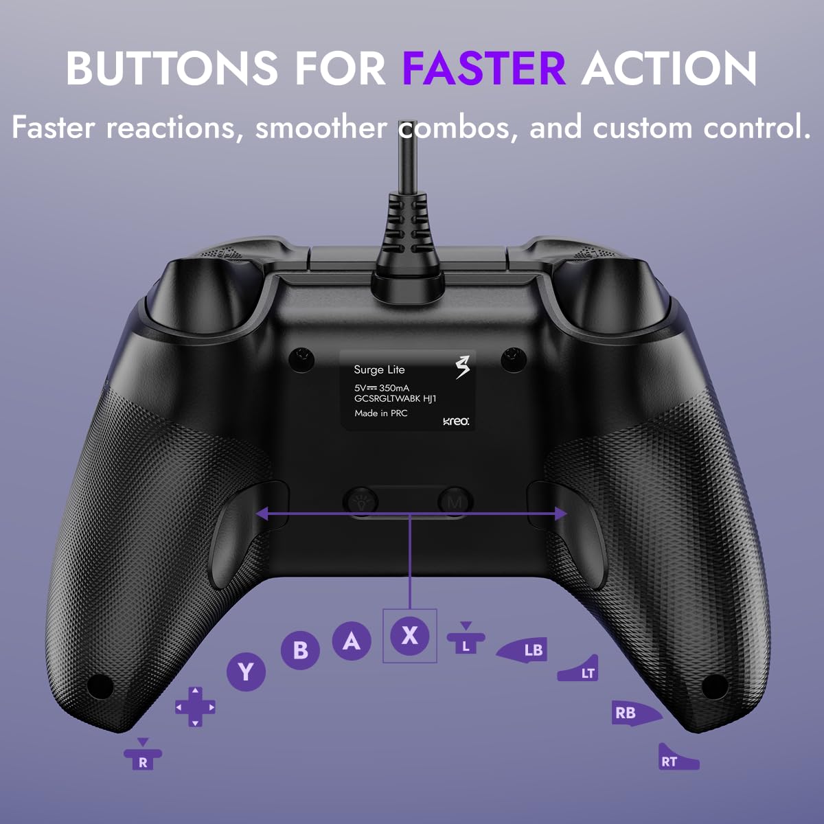 Kreo Surge LITE Wired Gaming Controller for PC | Hall Effect Joysticks & Triggers | 1000Hz Polling Rate | Dual Asymmetric Rumble | Turbo Mode | Programmable Macro Buttons | USB-A | Windows, macOS, Android Compatible — Amazon image 5