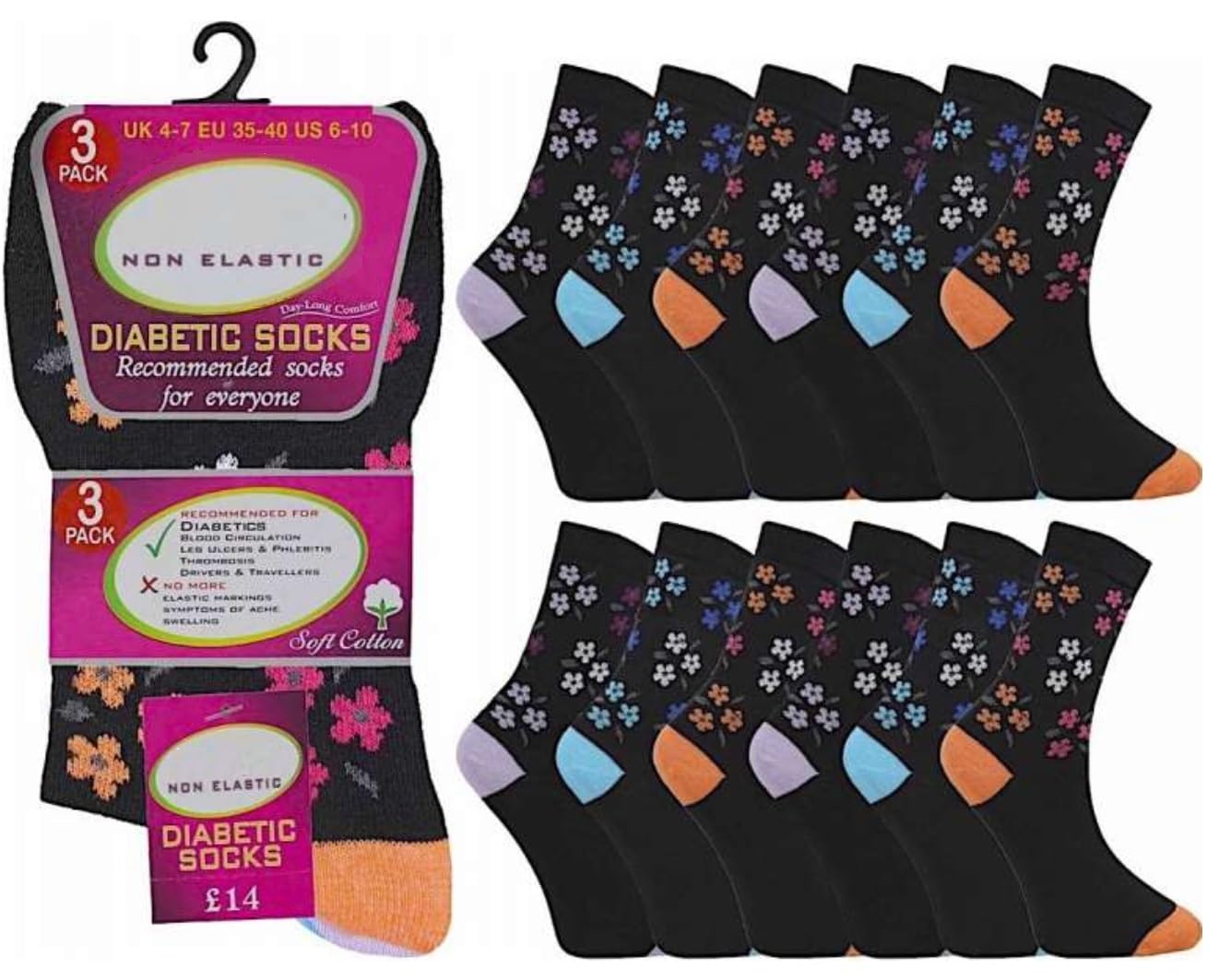 Onlybee Women's Black With Flowers 6 Pairs Of Non Binding Diabetic Soft Loose Top Socks
