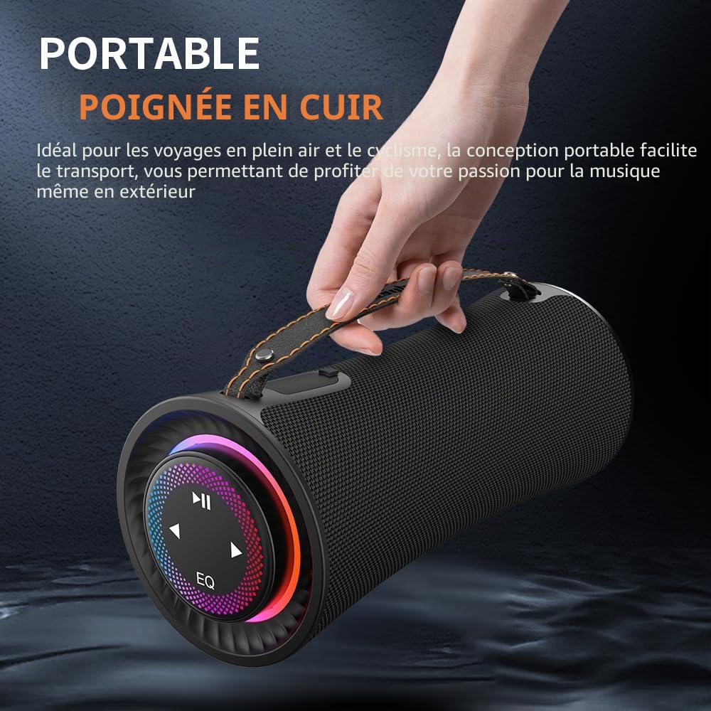 Enceinte Bluetooth Portable, 80W Peak Haut-Parleur sans Fil avec Basses Profondes, Son Stéréo 360°, Autonomie 24h, Poignée Confortable, Lumières LED, Appairage Double TWS pour Maison, Fête, Extérieur