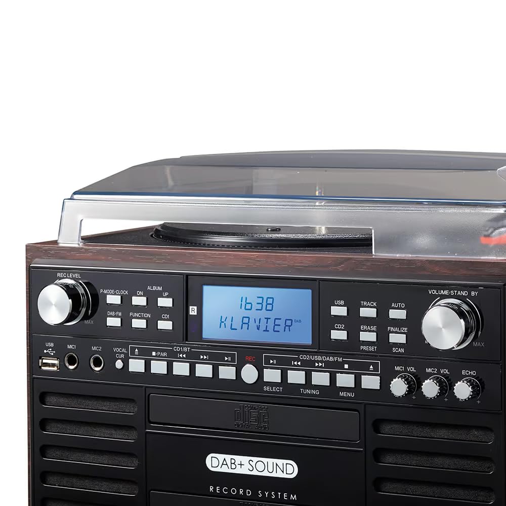 EUROtops Impianto musicale DAB+ con masterizzatore CD, giradischi e cassette | Bluetooth, registrazione USB, impianto compatto con 2 unità CD, impianto stereo, telecomando, grande display, impianto Hi-Fi
