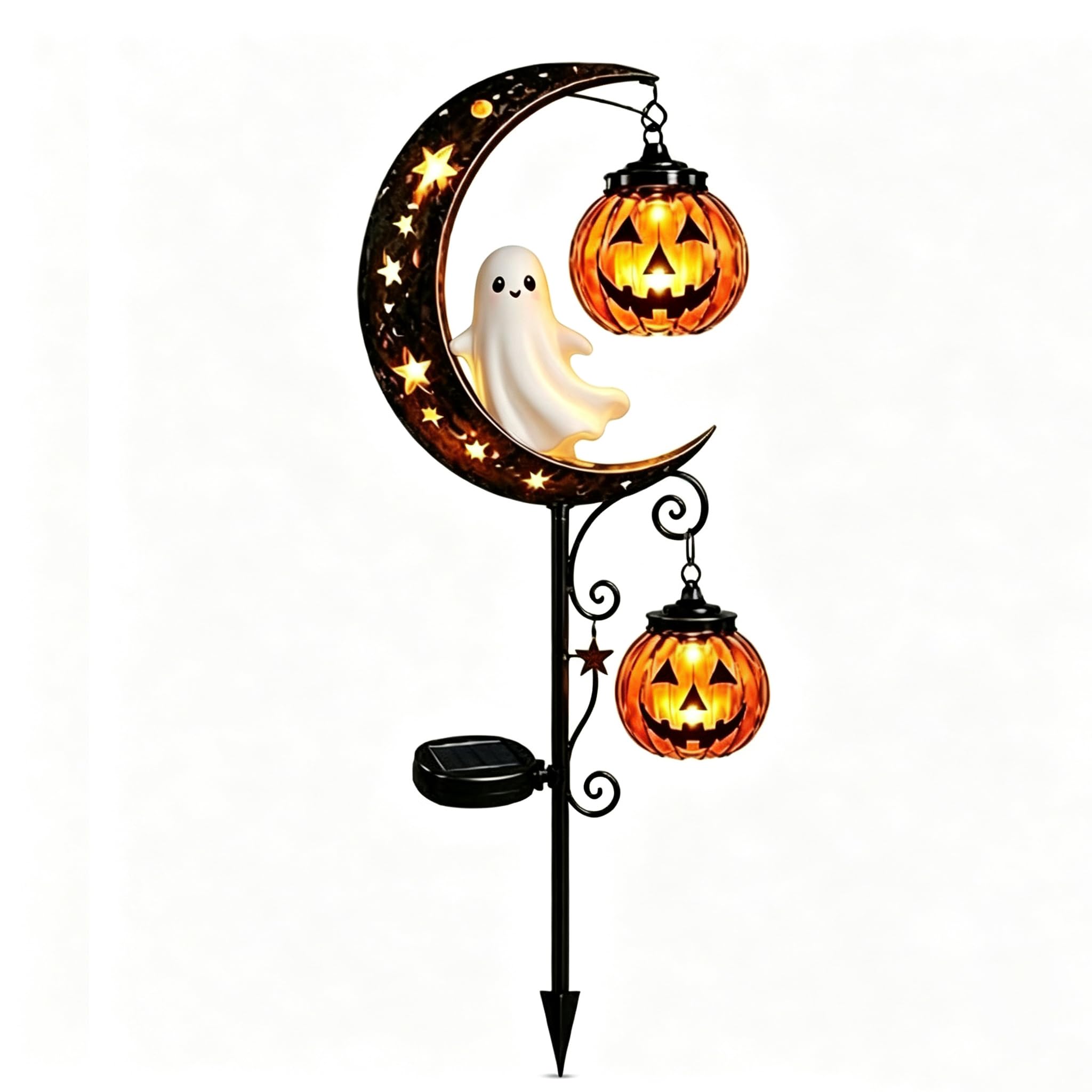 Solar Black Cat Pumpkin Metal Stake Light with Crackle Glass LED (E)