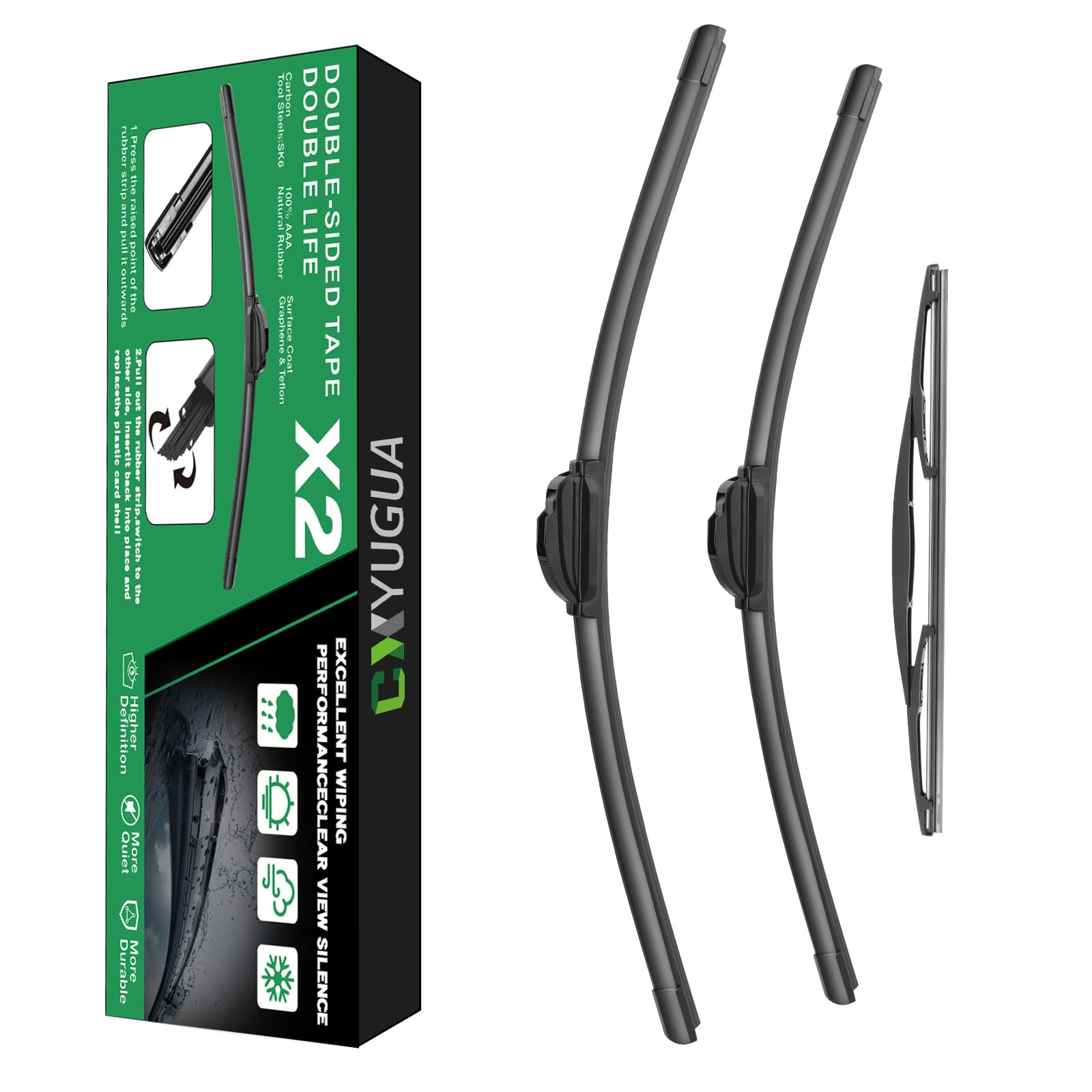 CXYUGUA Double Sided Rubber Strips windshield wipers, Replace for 2016-2021 Pilot,Wiper Blades Replacement-26"/24"/14" (Set of 3) U/J HOOK,Will Last