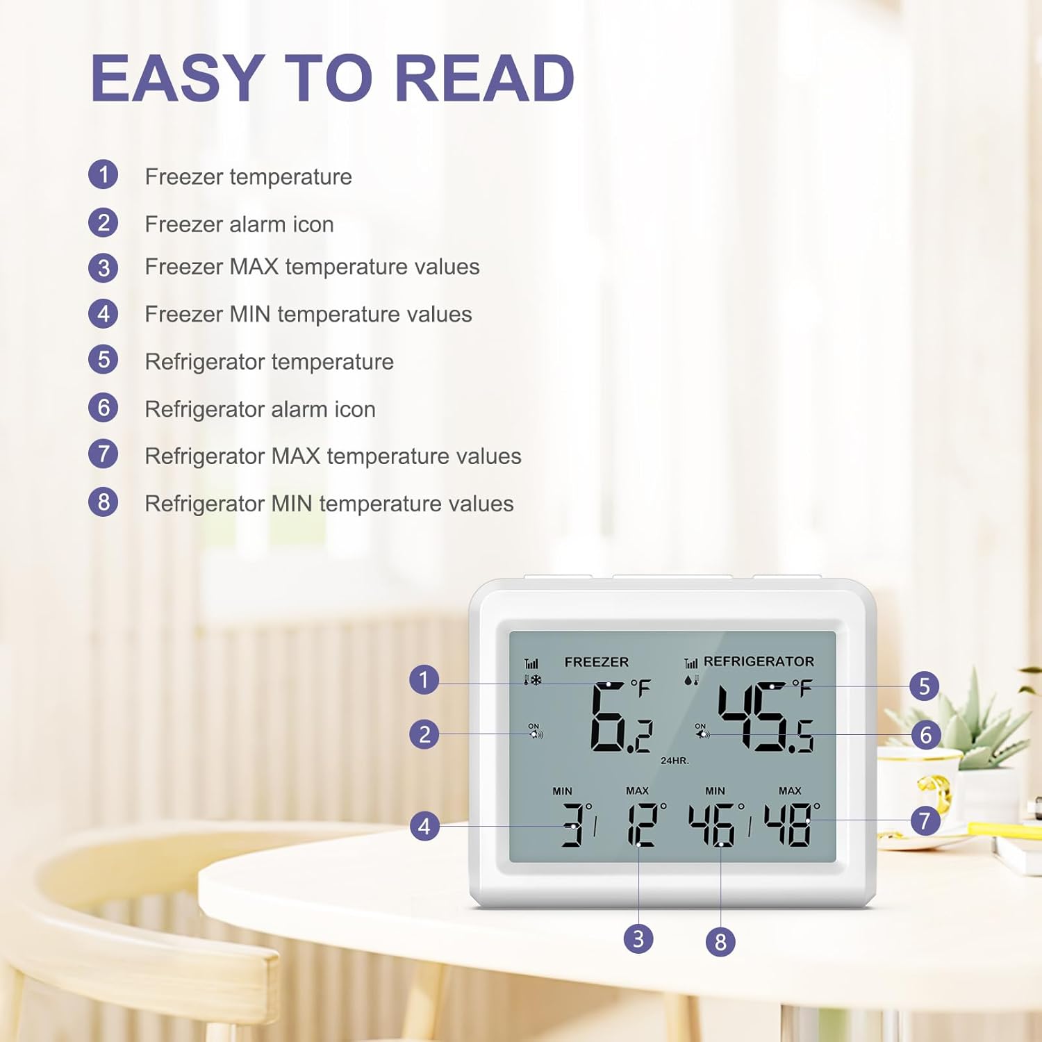Digital Refrigerator Thermometer - 3.7 inch LCD Backlight Freezer Thermometer with 2 Sensors, Digital Fridge and Freezer Thermometer with Alarm, Max/Min Records, for Homes Restaurants Cellars