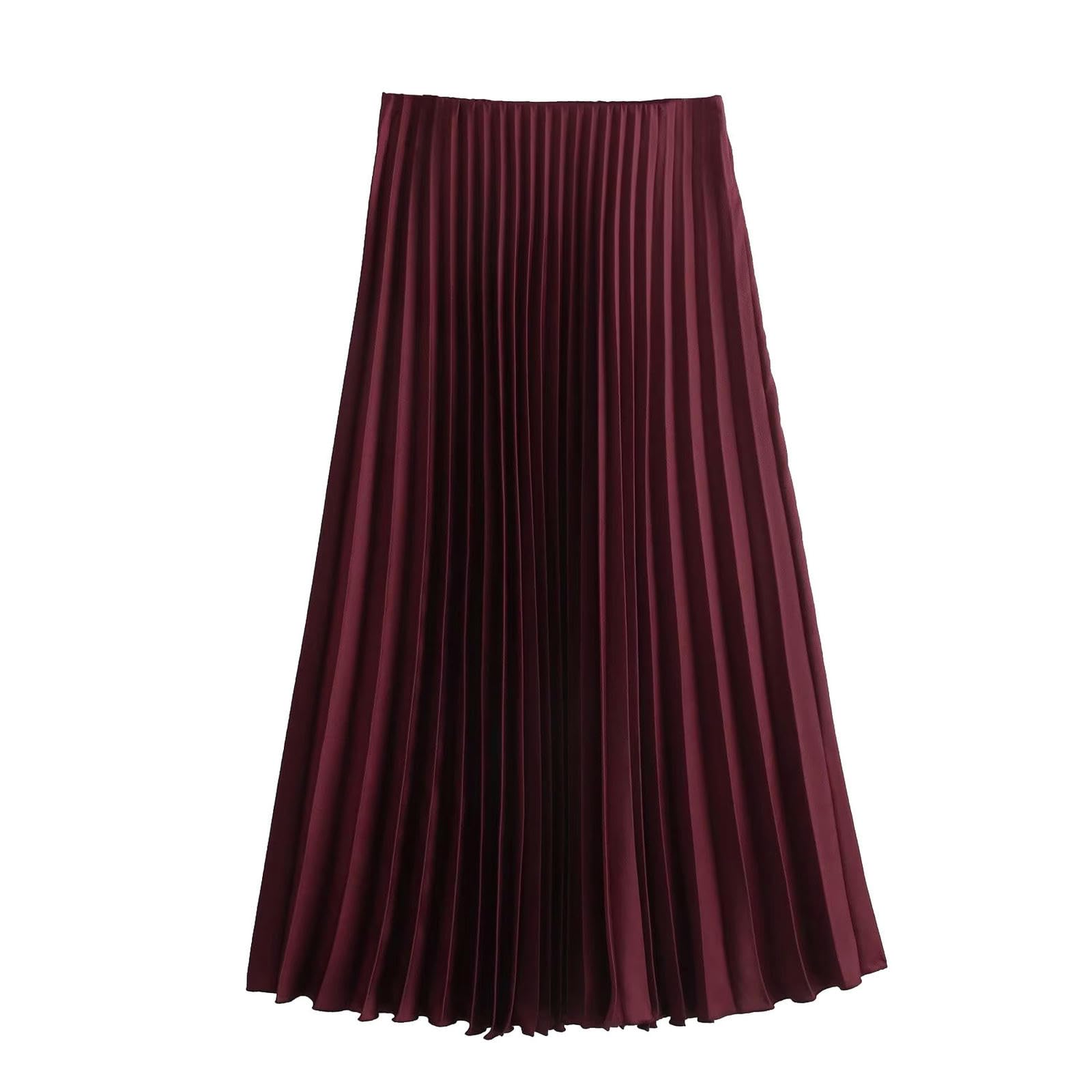 Amazon.com: Women's Silk Satin Casual Pleated Skirt-Burgundy
