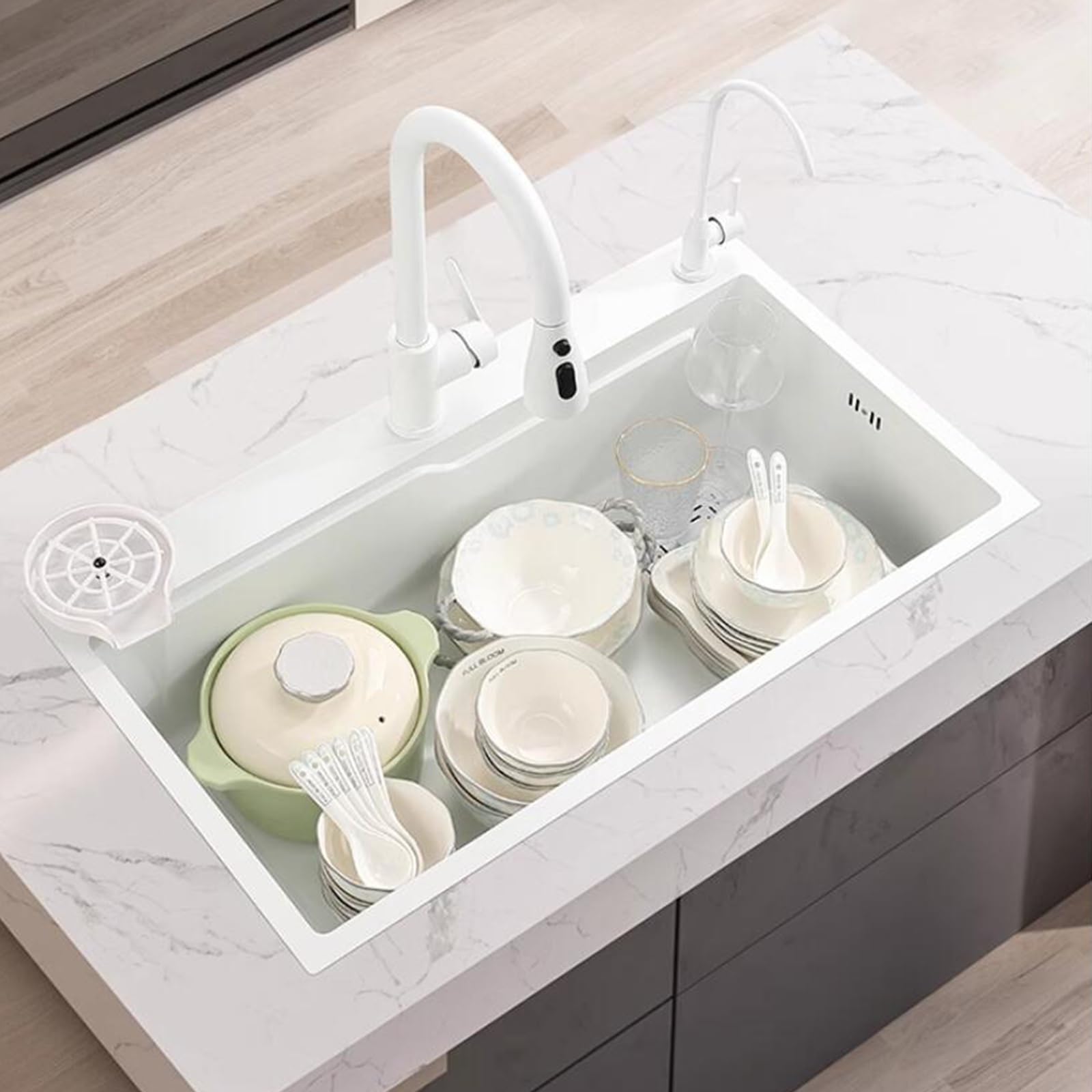Lavello a vasca singola di grande capacità per lavare verdure e frutta Lavello in acciaio inossidabile Lavastoviglie con rubinetto estraibile Rondella della tazza sifone appartamenti B, Whit,
