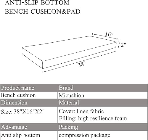 Miniatura 2 de Cojines de banco para muebles de interior, espuma antideslizante, para silla de cocina, comedor, cojín de asiento con cremallera de 38 x 16