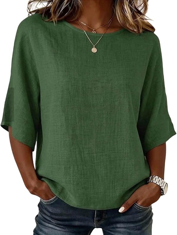 Camisas de algodón de lino para mujer de cuello redondo de corte holgado de manga 3/4 Camisas informales de verano Blusas Work Weekend Travel