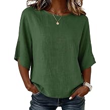 Cotton Linen Tops for Women Crew Neck Loose Fit 3/4 Sleeve Shirts Casual Summer Blouses Work Weekend Travel