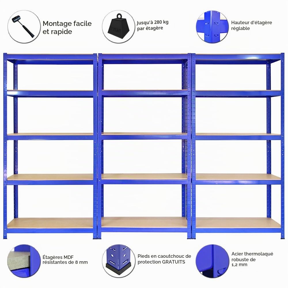 Monster Racking - 3 Rayonnages T-Rax en Acier sans Boulons Bleus 90cm x 45cm x 180cm