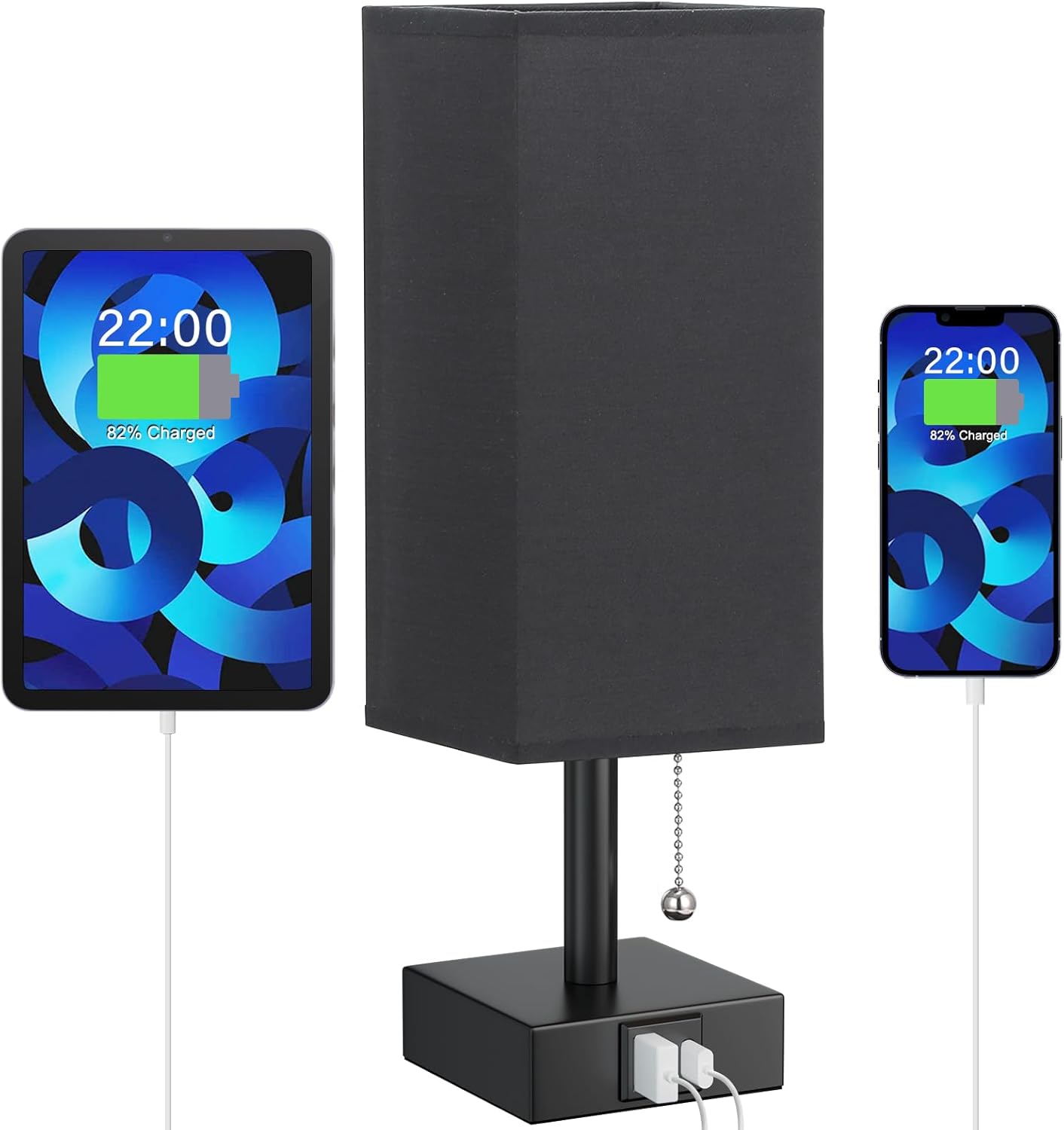 Black Bedside Lamp with USB Ports Bedroom lamp with Pull Chain for