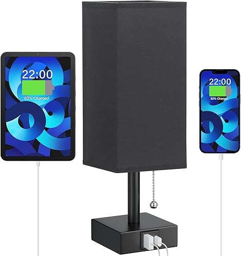 Lámpara de noche negra con puertos USB, lámpara de dormitorio con cadena de tracción para mesita de noche, lámpara de mesa pequeña con USB C + un