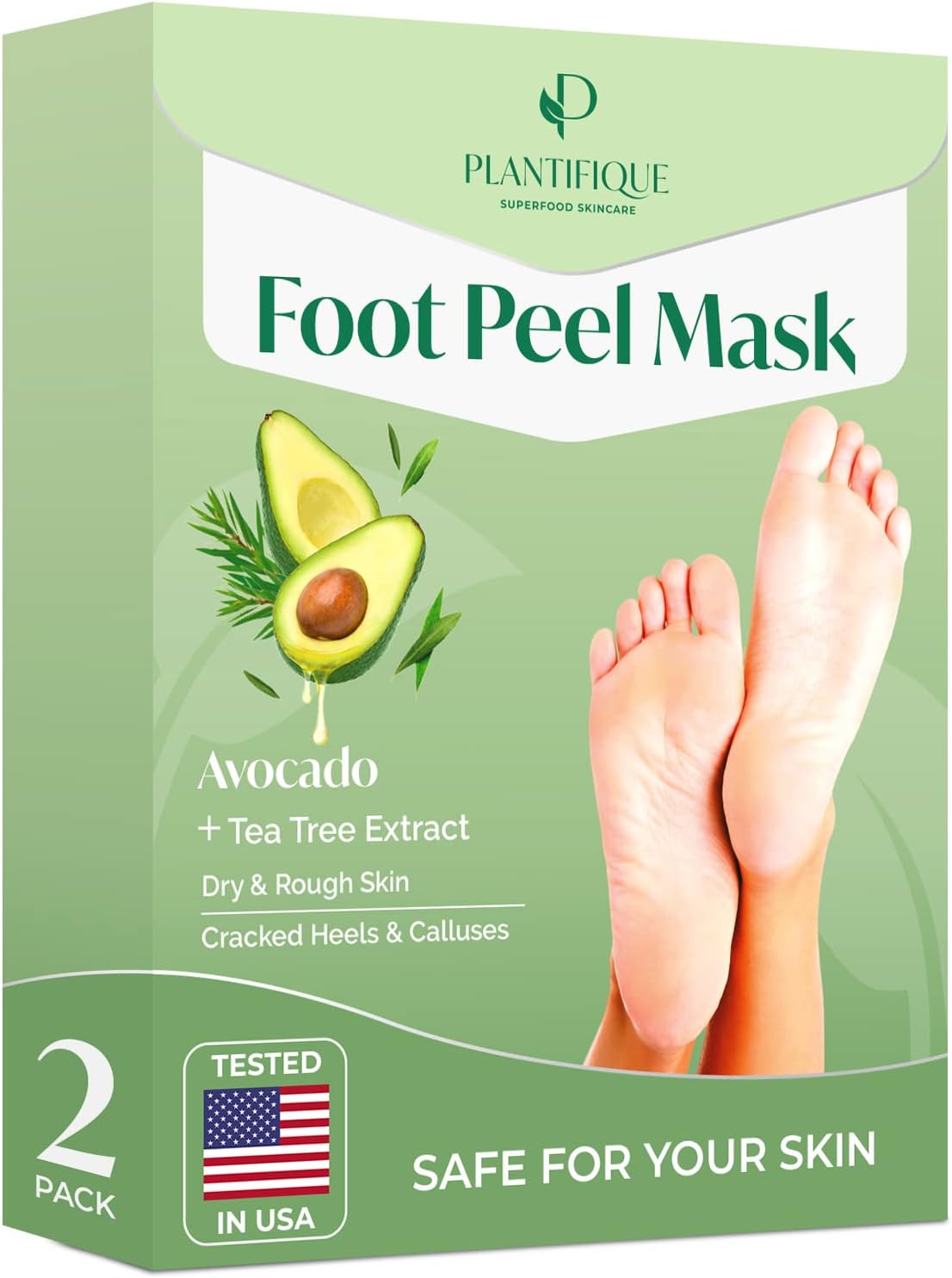 PLANTIFIQUE Foot Peeling Mask - Peeling Foot Mask Dermatologically Tested Repairs Heels & Removes Dry Dead Skin for Baby Soft Feet - Exfoliating Foot Peel Mask for Dry Cracked Feet (Avocado 2 pack)