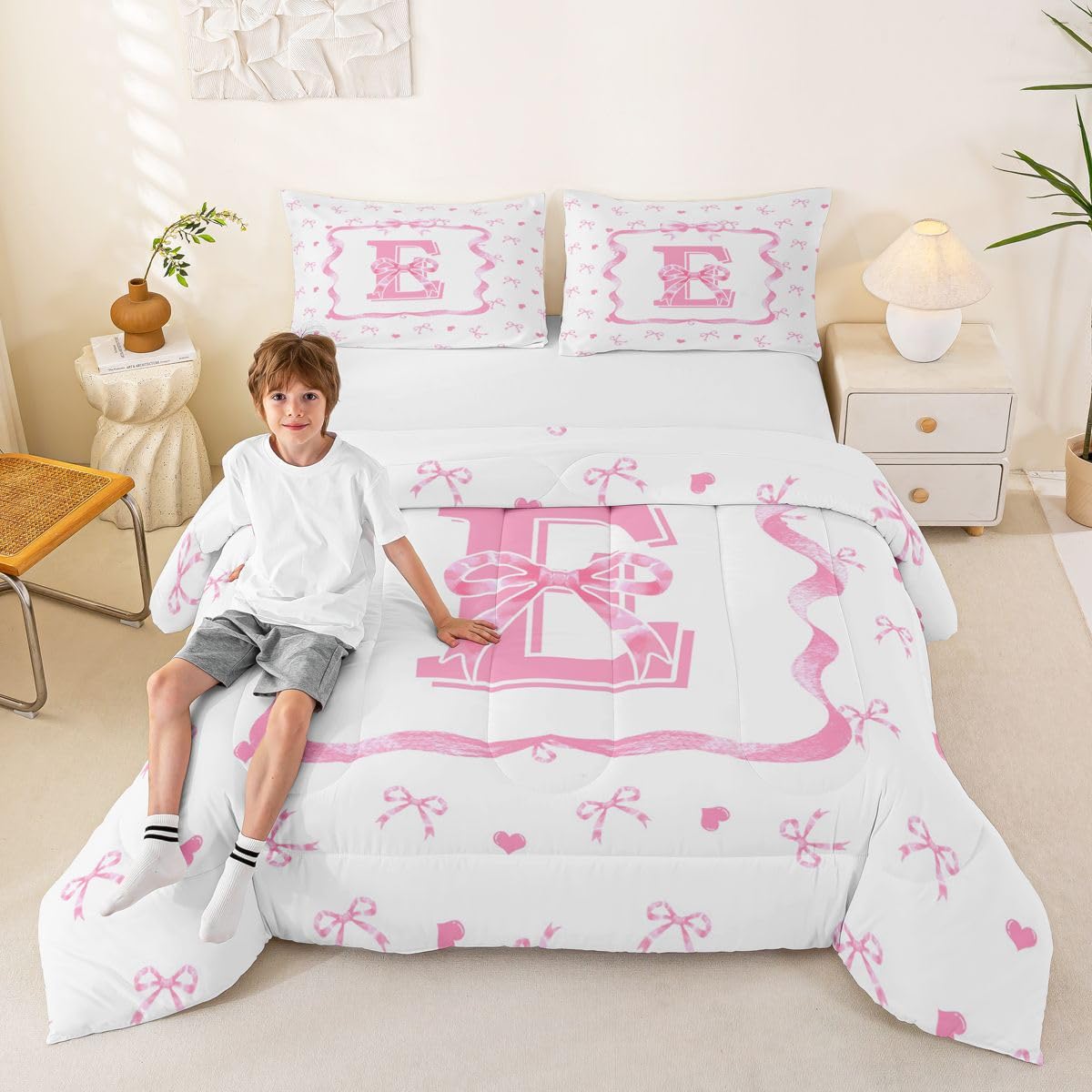 Homewish Różowy inicjał E kokarda zestaw kołdry podwójny - spersonalizowane różowe kokardki zestaw pościeli uroczy kawaii muszka kołdra zestaw - kokarda bez przykrycia kołdra
