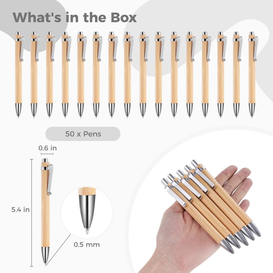 50 Stk. Bambus Kugelschreiber, nachfüllbare Kugelschreiber mit Clip, 0,5 mm Feinspitze, schwarze Tinte, sanft schreibende Rollerball Stifte für Taschenheft, Büro und Schule