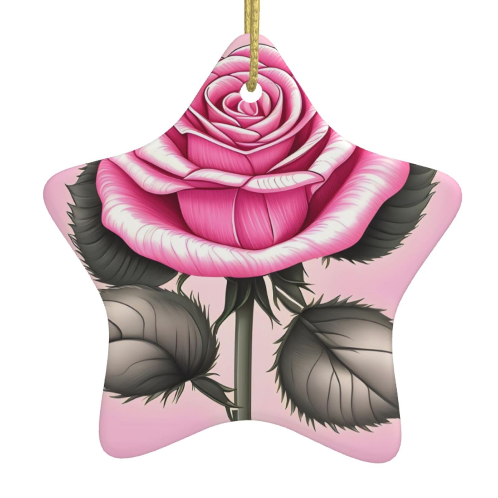 Beautiful Pink Roses Christmas Ceramic Star Pendant with Punched Holes and Gold Wire Rope, Christmas Tree Home Decoration
