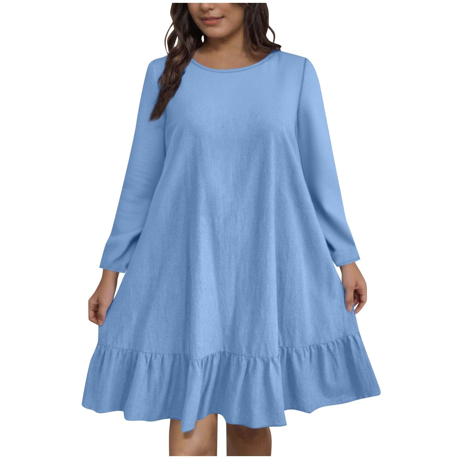 Falll Dresses for Women Crew Neck Long Sleeve Casual Loose Flowy Swing Shift Dress Plus Size Solid Babydoll