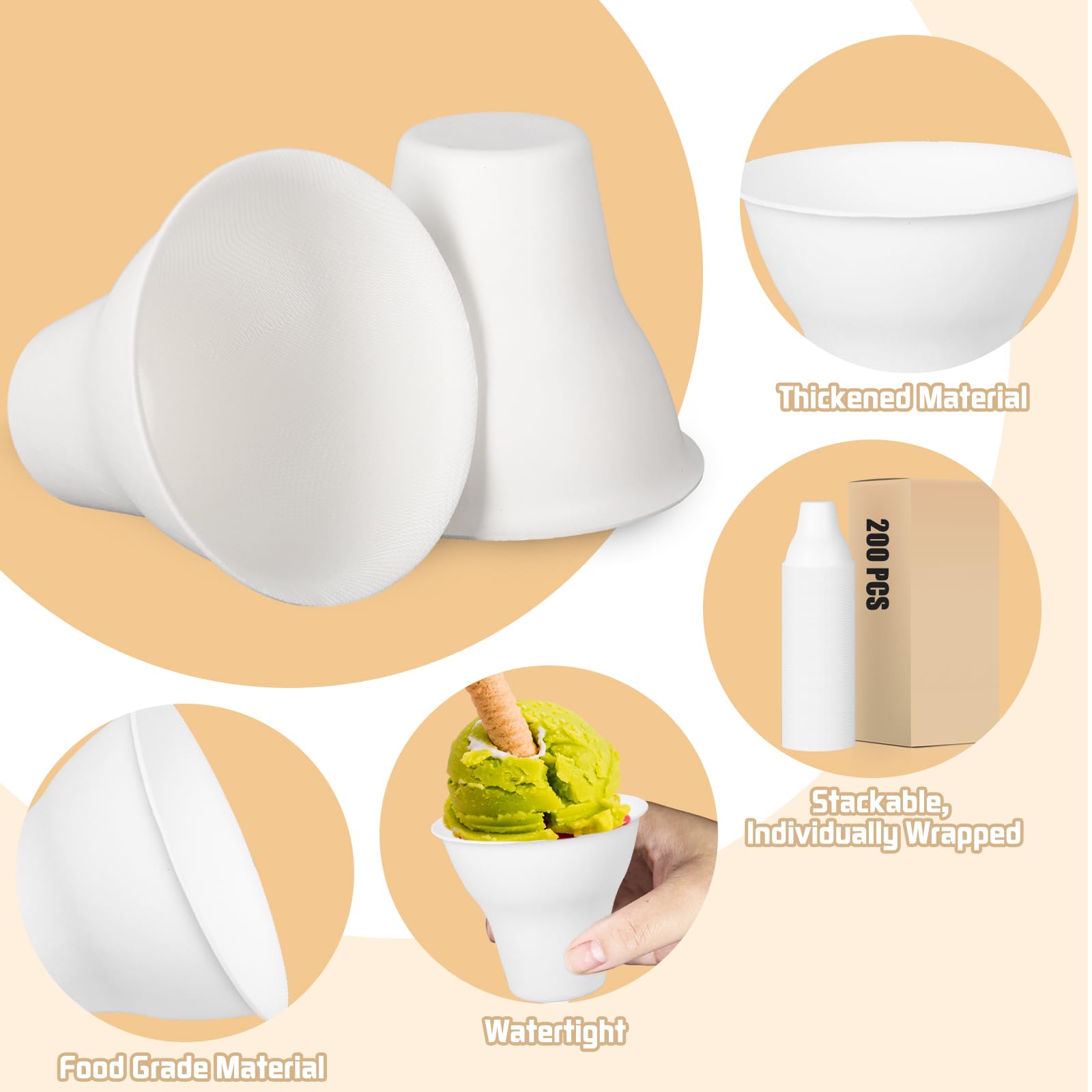 JarThenaAMCS 200 vasos de cono de nieve de verano de 12 onzas, vasos de cono de papel blanco desechables para helado, vasos de agua gruesos a prueba de fugas para cumpleaños, bodas, fiestas, postres