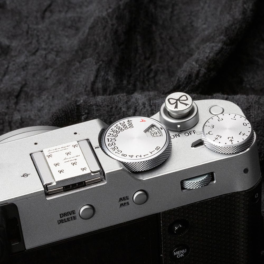 Butterfly Bow Ribbon Pattern Camera hot Shoe Cover Shutter Decorative Button Set for Fujifilm X-T5 X-T4 X-T30 X-T20 X-T10 X-T3 X-T2 for Nikon ZF Z5 Z6 Z7II (Aluminum Alloy-Set)