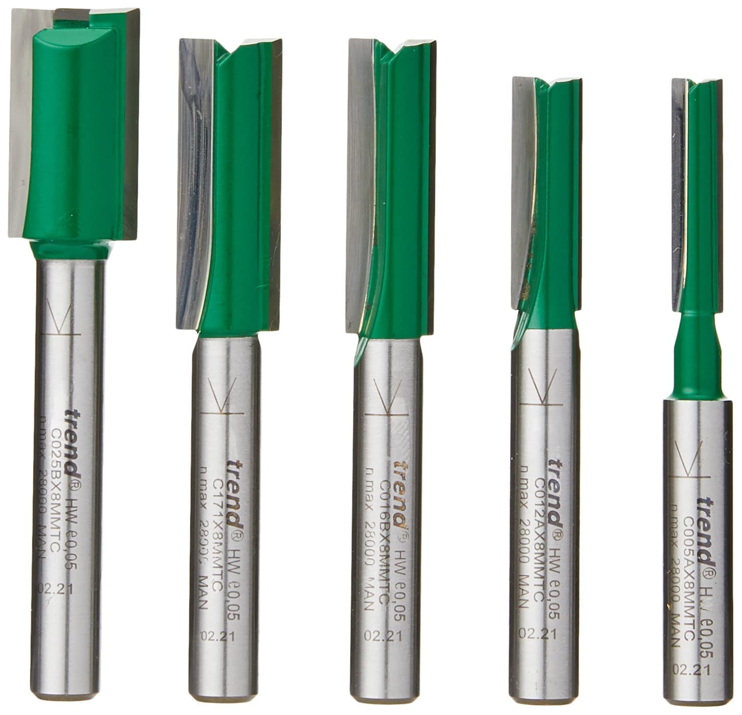 Trend 5 sztuk MT/JIG zestaw frezów metrycznych, Zestaw pięciu frezów prostych o długim wysięgu o średnicach od 6 mm do 16 mm, SET/MT2X8MMTC