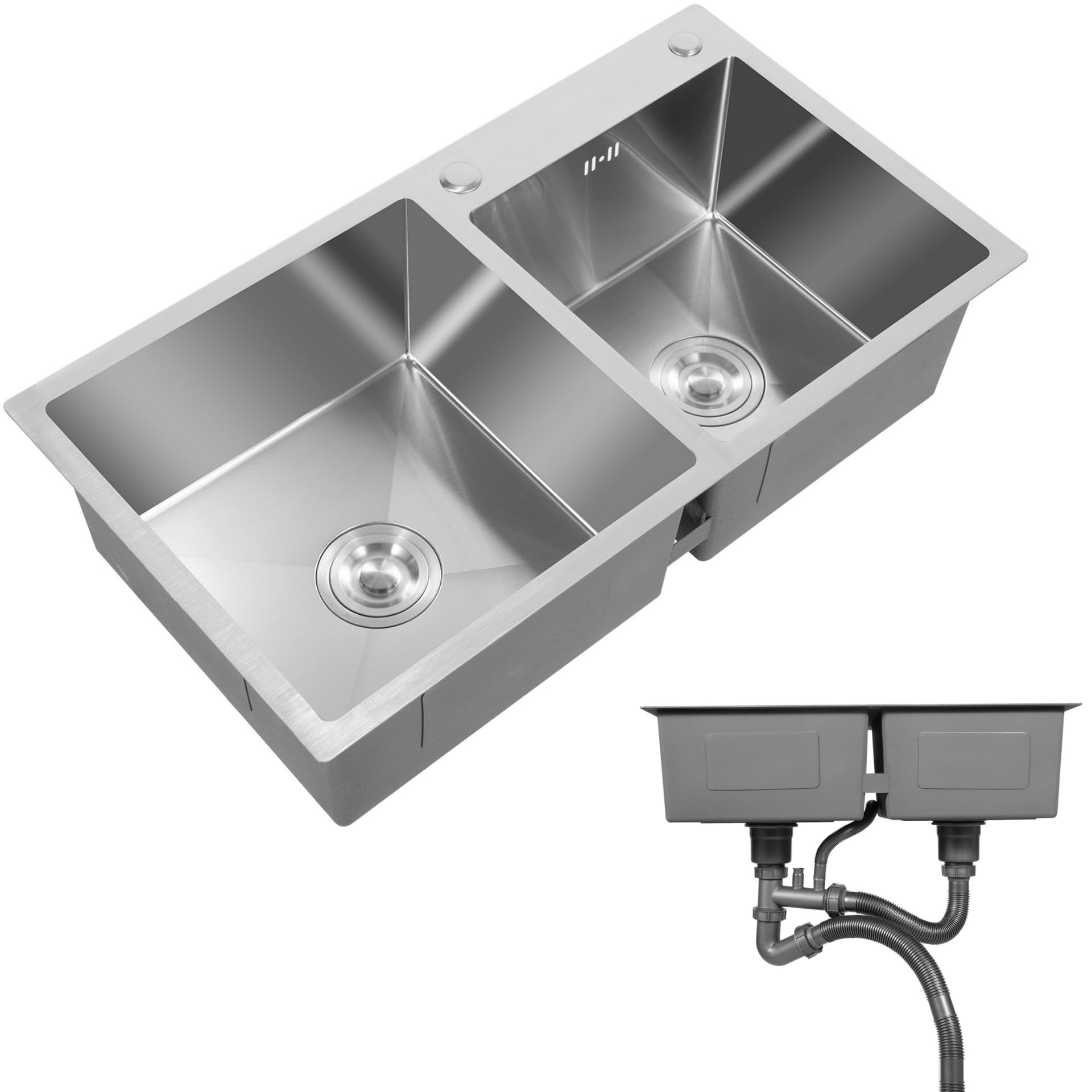 Fregadero de cocina de 2 cuencos, 78 x 43 x 21 cm, empotrable, rectangular, con escurridor, juego de fregadero de acero inoxidable, doble estante, fregadero de cocina, fregadero doble, fregadero