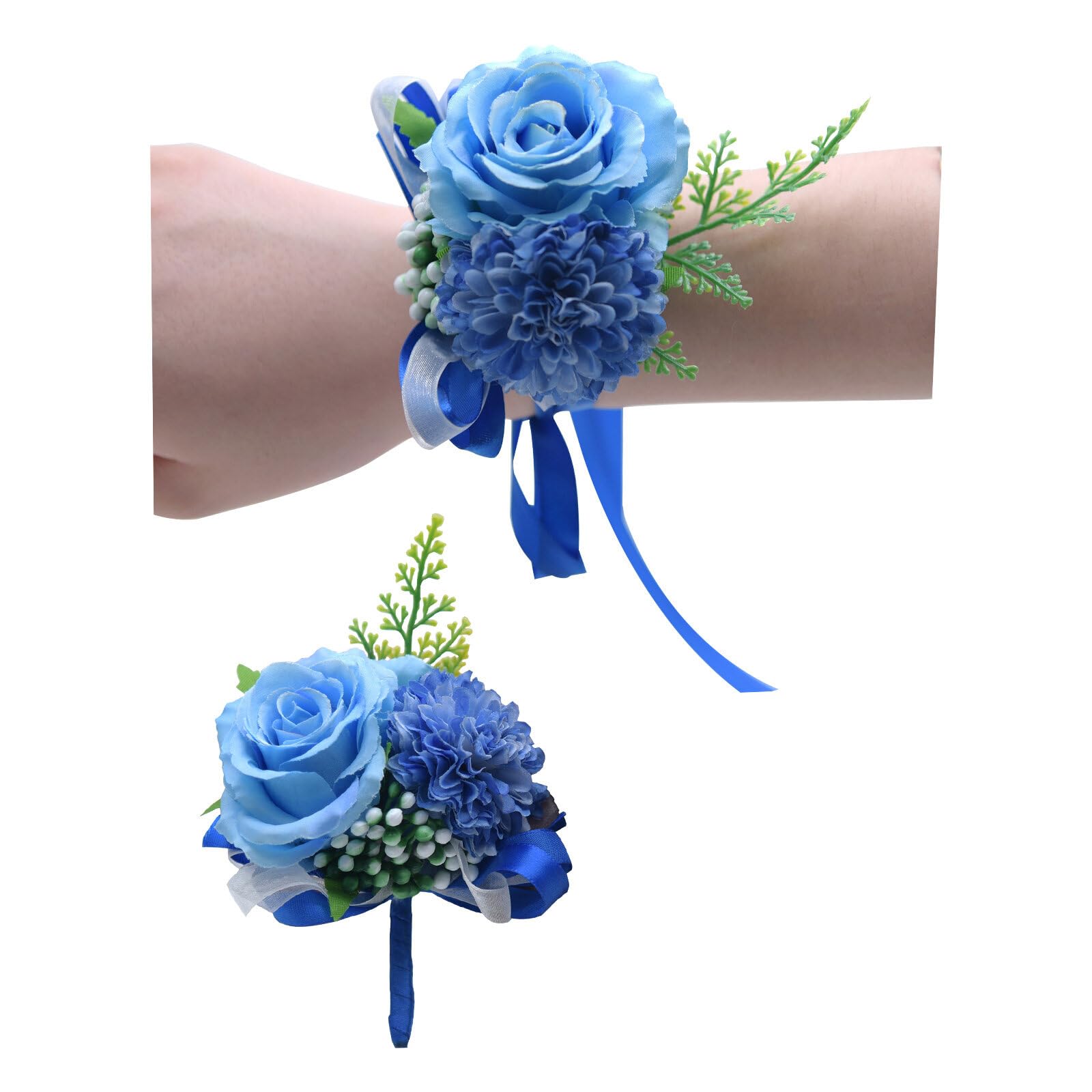 Dzaayediiy Juego de ramillete y boutonniere azul polvoriento, ramillete de muñeca y boutonniere, juego de flores con agujeros de botón, flores para boda, ceremonia de boda, fiesta de boda