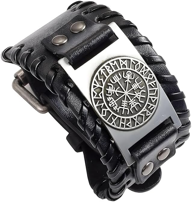 Viking Oath of the North' 39mm Wide Rune Compass Symbol Black Adjustable Size Cuff Statement Bracelet For Men | Punk Rock Bikers Wristband Style | Gifting Ready (Bracelet0682) 1 Pc
