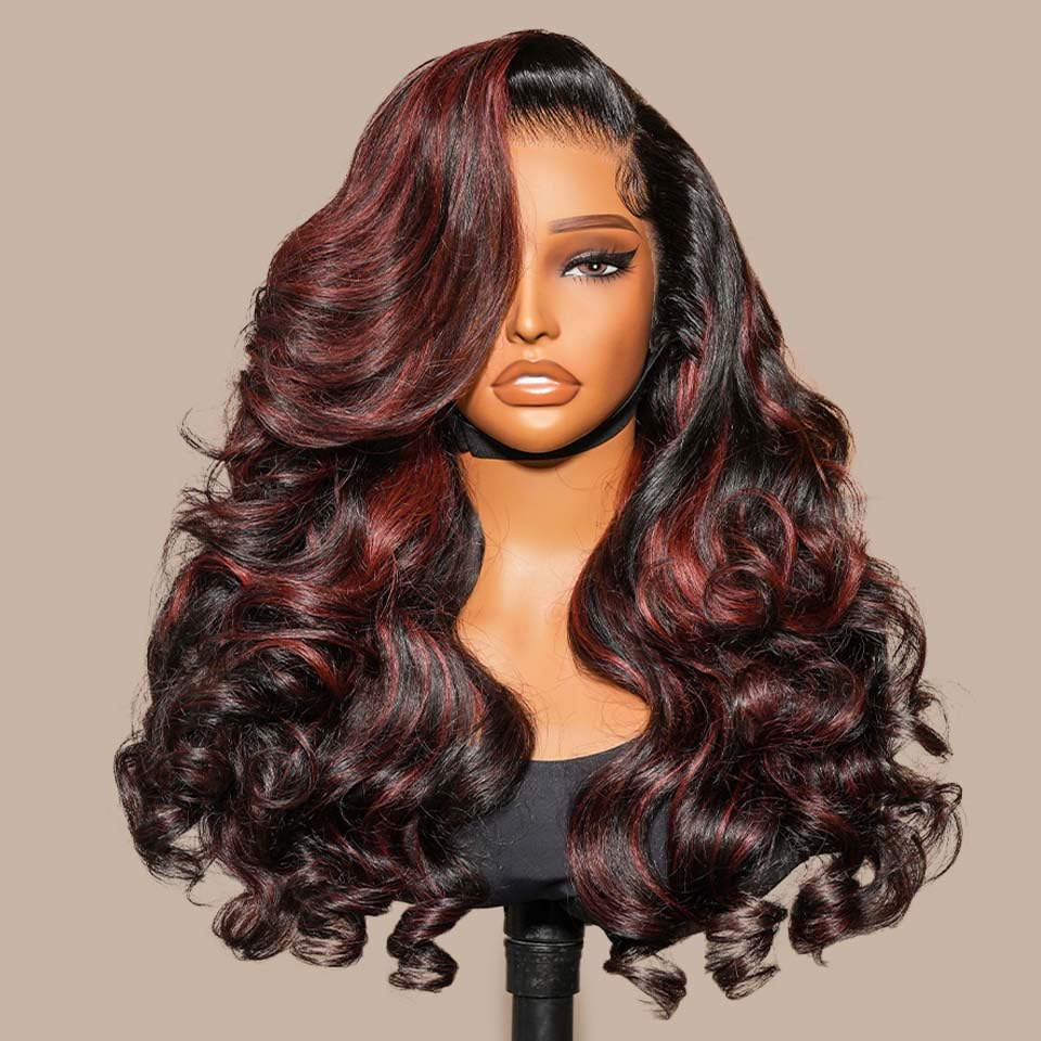 Ali Pearl Body Wave Lace Front Wigs Layered Cut Curtain Bangs Side Part 13x4 Body Wave Human Hair Highlights 1B/99J Burgundy Pre Plucked Glueless Wigs
