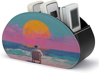 Sunset Ocean Beach Remote Control Holder with 5 Compartments Leather TV Remote Caddy Remote Storage Box Desktop Organizer for Pen/TV Remotes/Media Controllers/Office Supplies