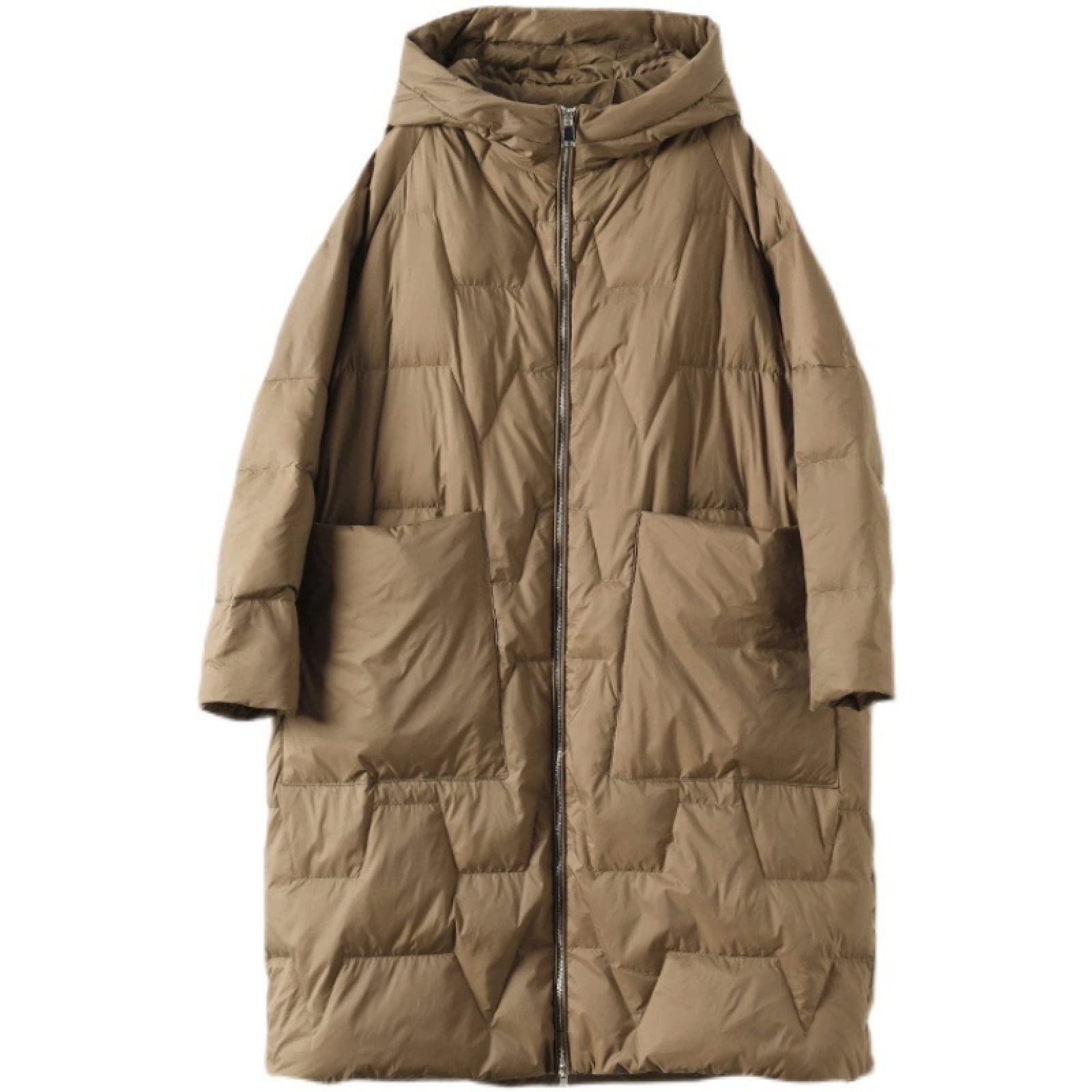 DAZLOR Women's Winter Long Down Jacket, Ladies Hooded Long Warm Down Jacket With Big Pockets, Dark Khaki, One Size,Womens Winter Coat