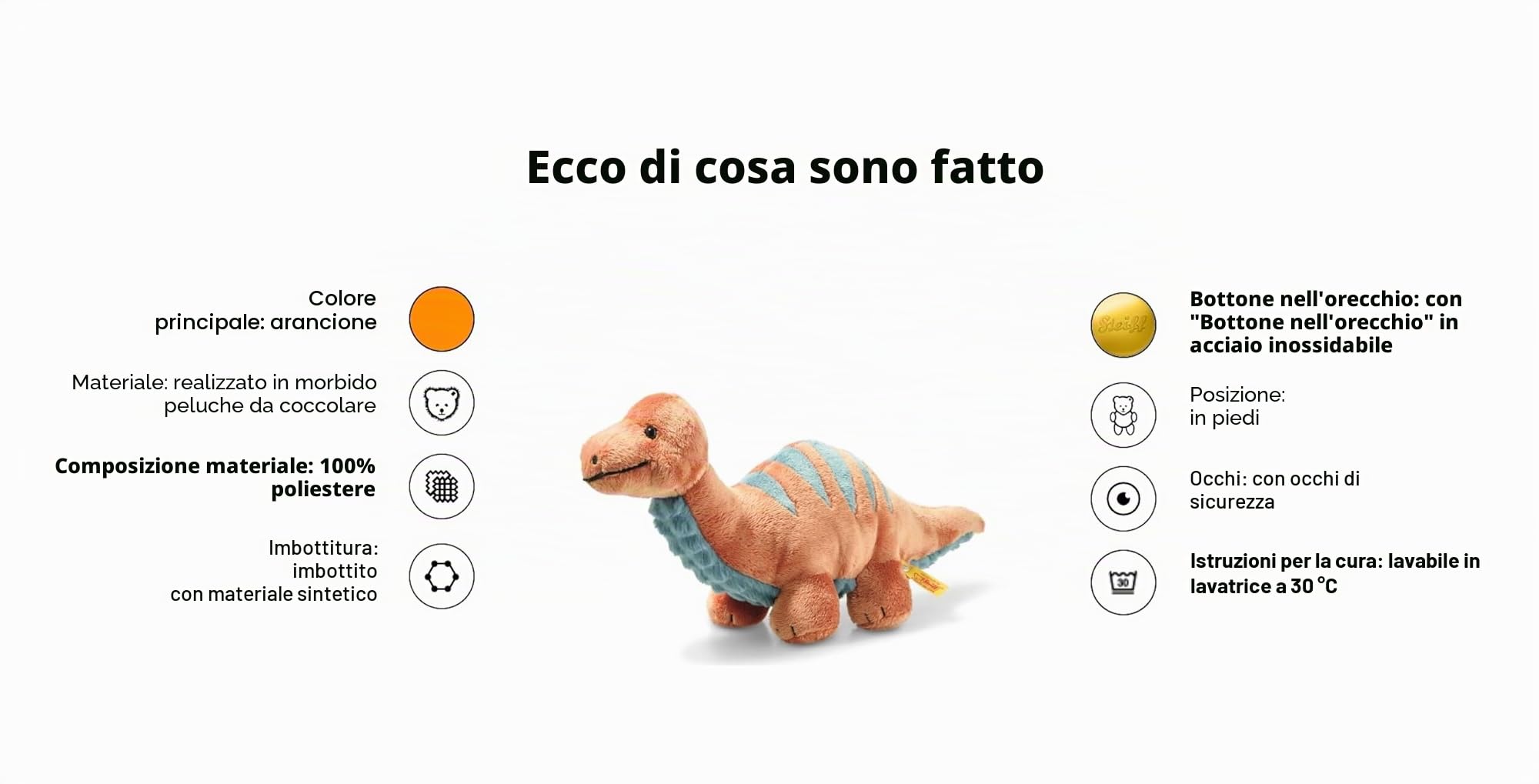 Steiff 087837 Peluche Brontosaurus, Soft Cuddly Friends, circa 28 cm, peluche di marca con bottone nell'orecchio, peluche per bambini dalla nascita, arancione scuro e petrolio