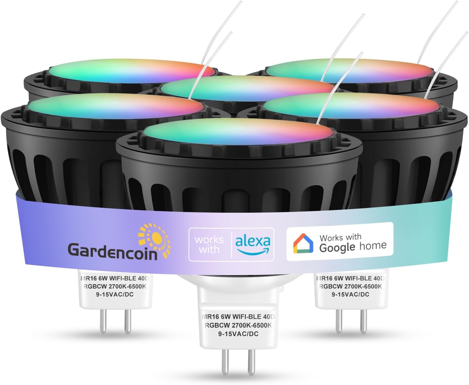 Gardencoin MR16 LED Bulb Color Changing, RGBCW Smart GU5.3 LED Bulbs Dimmable, 6W 12V Bi-Pin Base, Spotlight Bulbs Replacement for Halloween & Christmas Outdoor, WiFi Bluetooth Control (6 Pack)