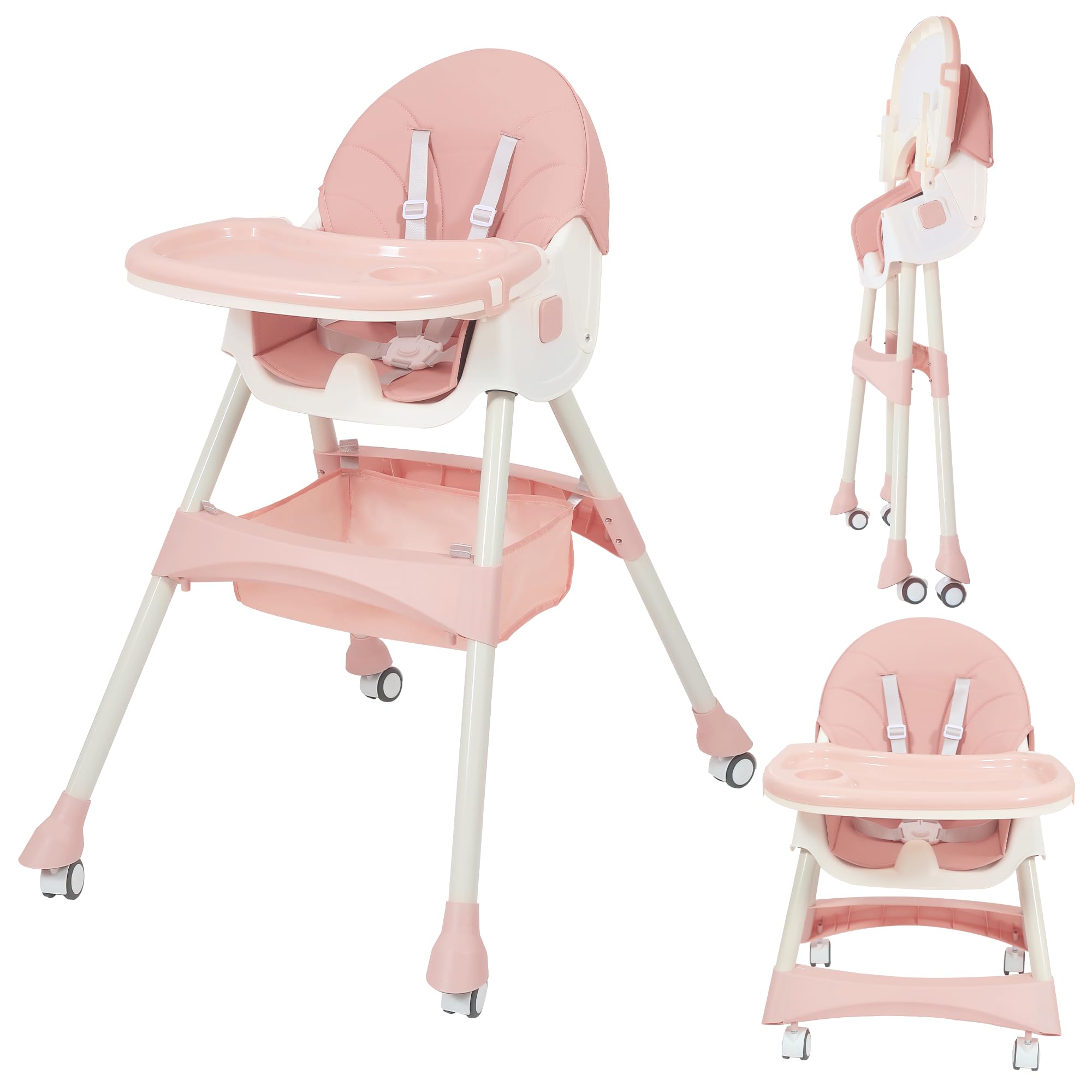 SYPEVIN Baby High Chair, High Chairs for Babies and Toddlers with 5-Point Safety Harness, Foldable High Chair for Space-Saving, Adjustable Dining Tray, Backrest & Height, Easy to Clean Surface, Pink