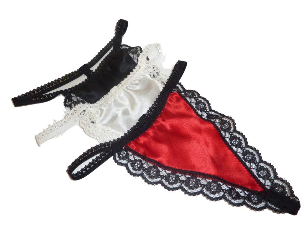 Francois de Loire 3 Pure Silk Satin G Strings with lace Trim Black Red Ivory Made in France