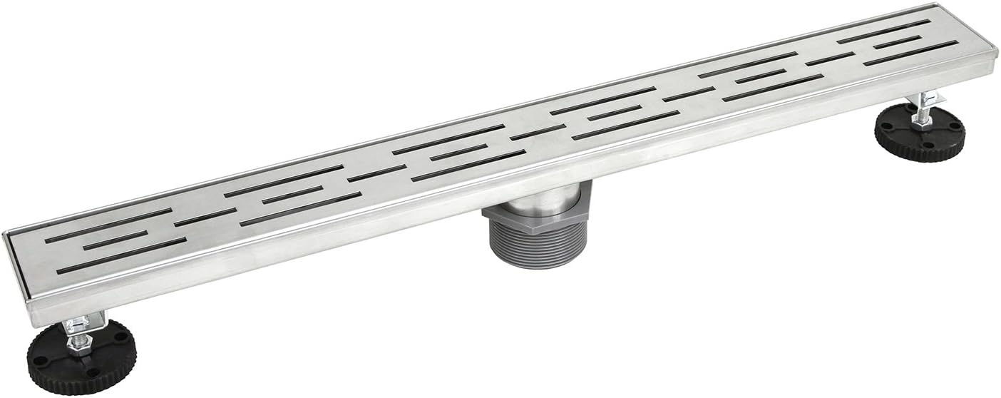 Shower Linear Drain – Stripe Pattern Grate – Brushed 304 Stainless Steel – with Threaded Adaptor and Adjustable Leveling Feet (32 inches)