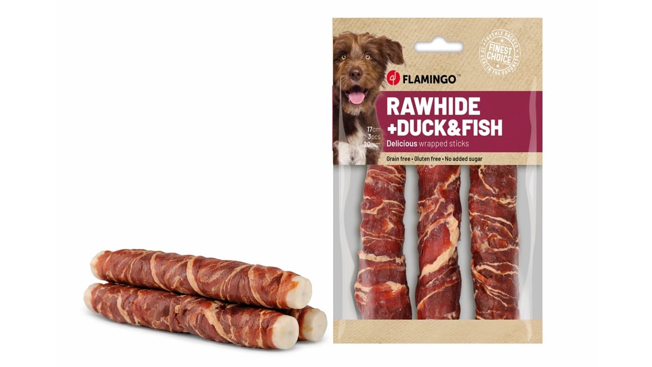 snack per cani - bastoncini per cani - R'Hide con anatra e merluzzo - 17 cm - 3 pezzi - 155 g - senza glutine - senza cereali - senza zuccheri aggiunti