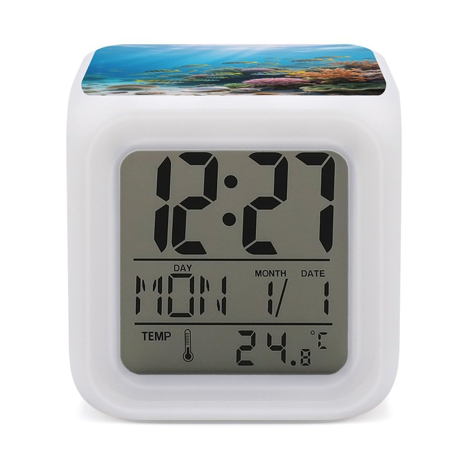 Reloj despertador digital de peces y coral con pantalla de 7 colores para dormitorio